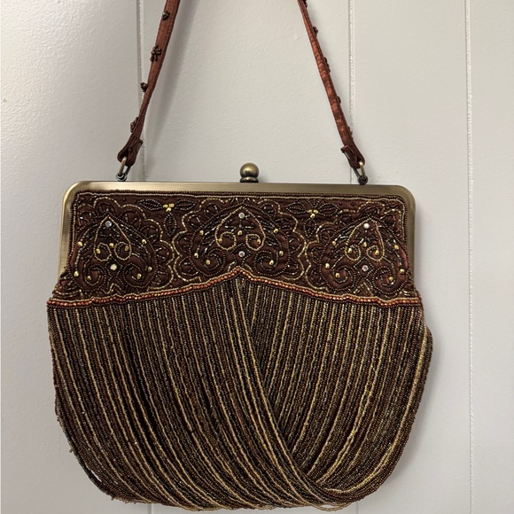 Y2K Bronze Beaded Fringe Clutch Purse Brown Formal Evening Bag Sequin Embroidery - Picture 2 of 7